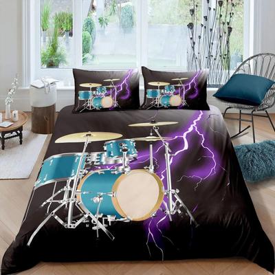 Blue Drum Kit Duvet Cover Set Microfiber Rock Roll Pop Music Twin Bedding Set Musical Instrument Glitter Lines Comforter Cover