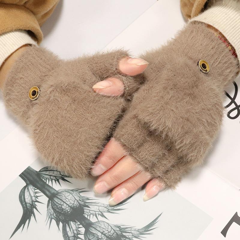 Women's winter warm plush gloves student finger-exposed flip gloves outdoor gloves thickened and cold-proof