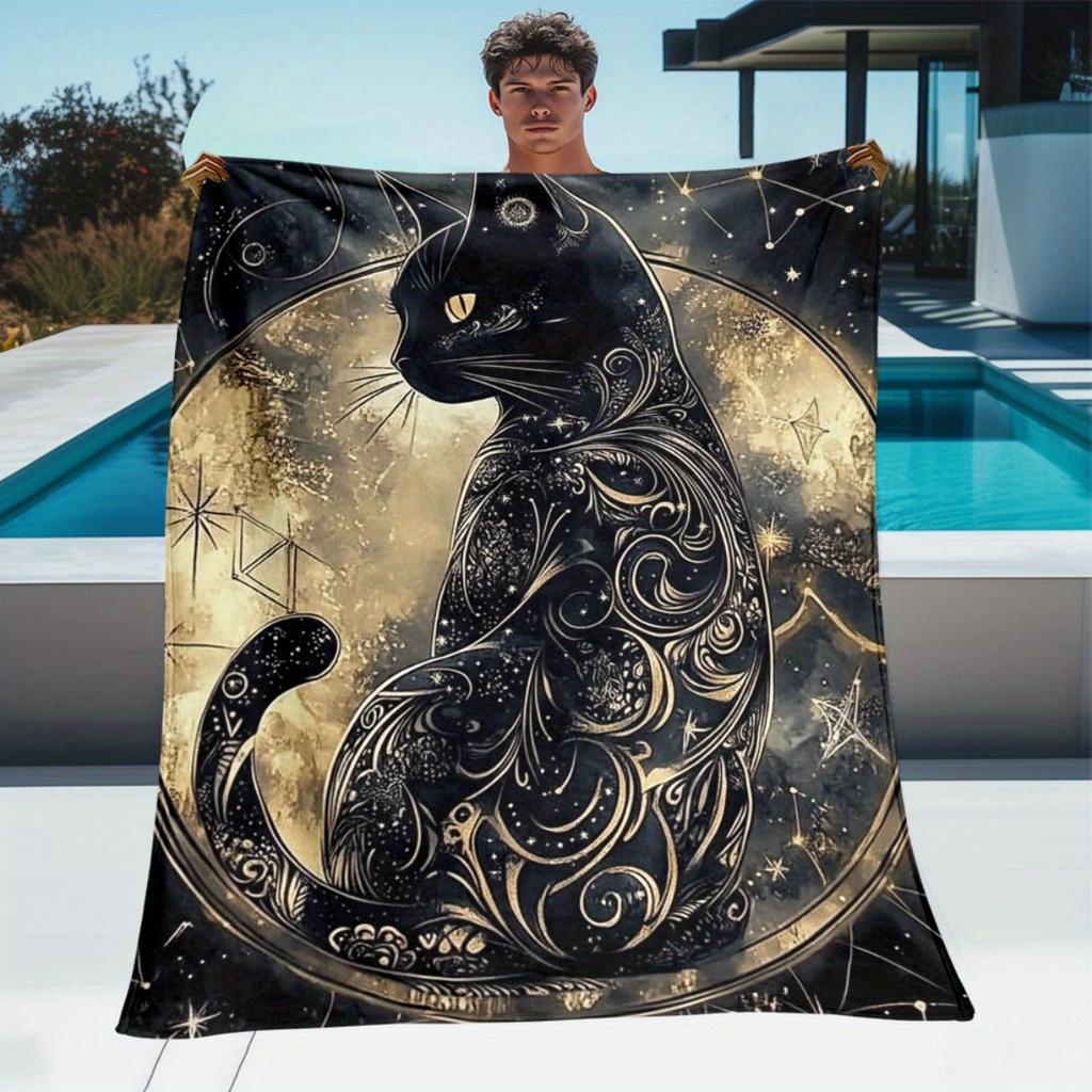 Custom Black Cat Blanket Celestial Moon Stars Design Personalized Name Fleece Throw All Season Soft Warm Bedding Home Decor Gift