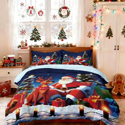 Set de lenjerie de pat fără așternut cu 3 piese Merry Christmas, Imprimat cu Moș Crăciun, Decor de pat de dimensiuni multiple, Confortabil și lavabil la mașină