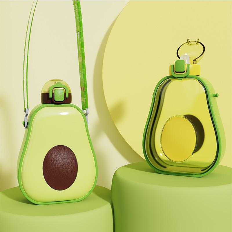 Creative Avocado-Themed Children's Water Bottle with Straw and Strap