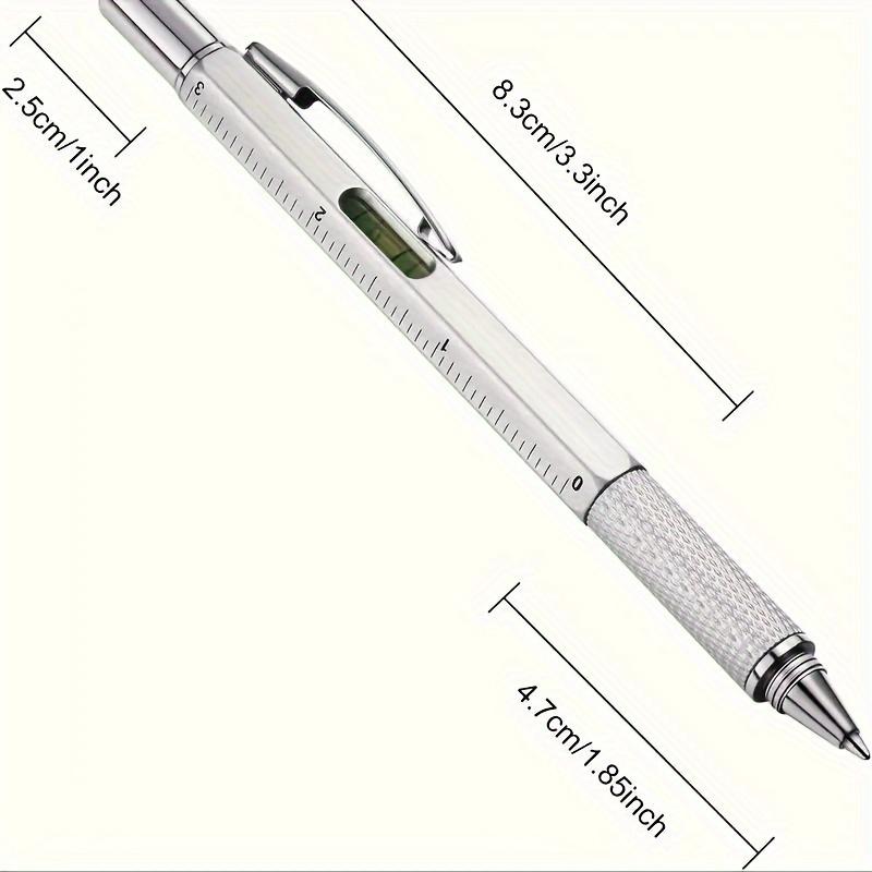 6-in-1 Heavy-Duty Multitool Pen - Water-Resistant, Retractable, Metal Construction With Medium Point, Ballpoint Pen, Ruler, Stylus, Level, Screwdriver
