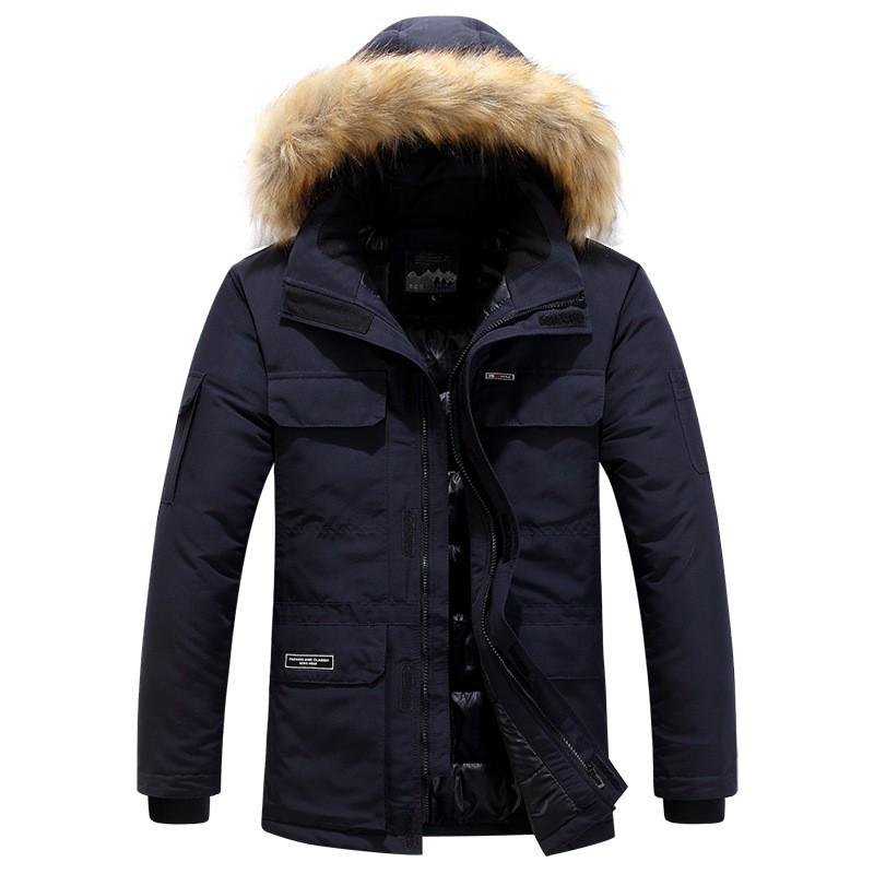 Mens Thick Warm Cotton Puffer Coat Mid-Length With Detachable Faux Fur Collar Casual Winter Outerwear Adults