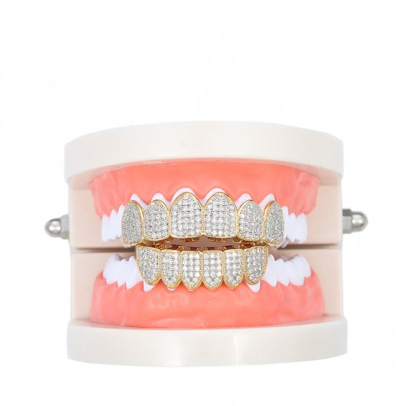 Hip Hop Iced Out Gold Teeth Grillz Set Zircon Jewelry Top Botom Grills Mens Body Bling Cubic Zirconia Jewelry