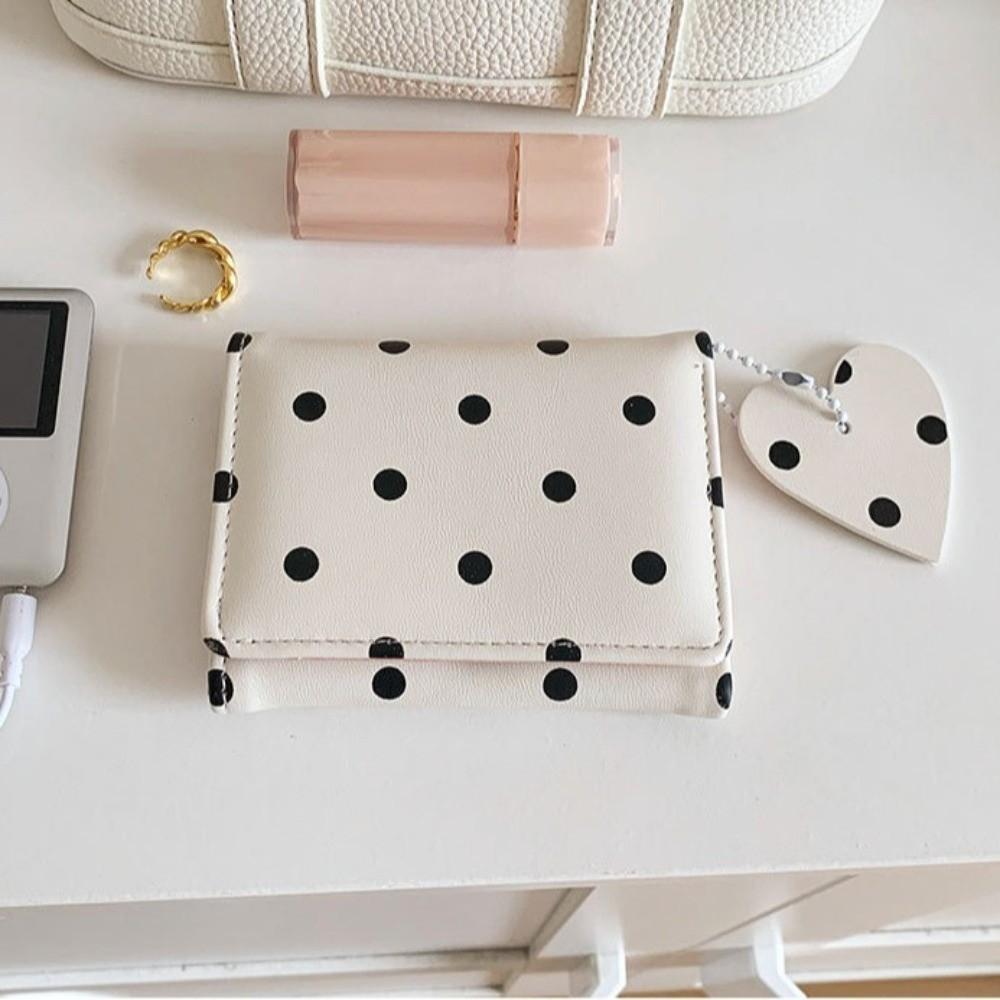 Sweet PU Card Holder Heart Pendant Coin Purse Cute Trifold Polka Dot Wallet Travel