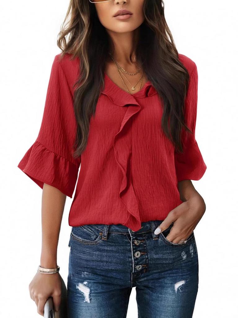 European & American Style Ruffled Lantern Collar Casual Women's Short-Sleeve Top 2026