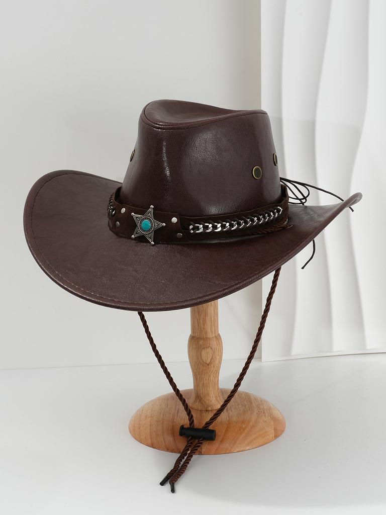Popular Men's and Women's PU Leather Top Hat, Metal Silver Chain Buckle Star Gem Rhinestone, Houston Rodeo
