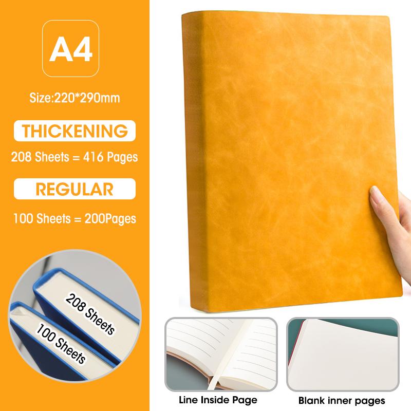 

Ultra-Thick A4 Notebook 100&208 Sheets Soft Pu Cover Blank And Horizontal Line Inner Page Office Meeting Diary Study Stationery Blank 100 Sheets жовтий
