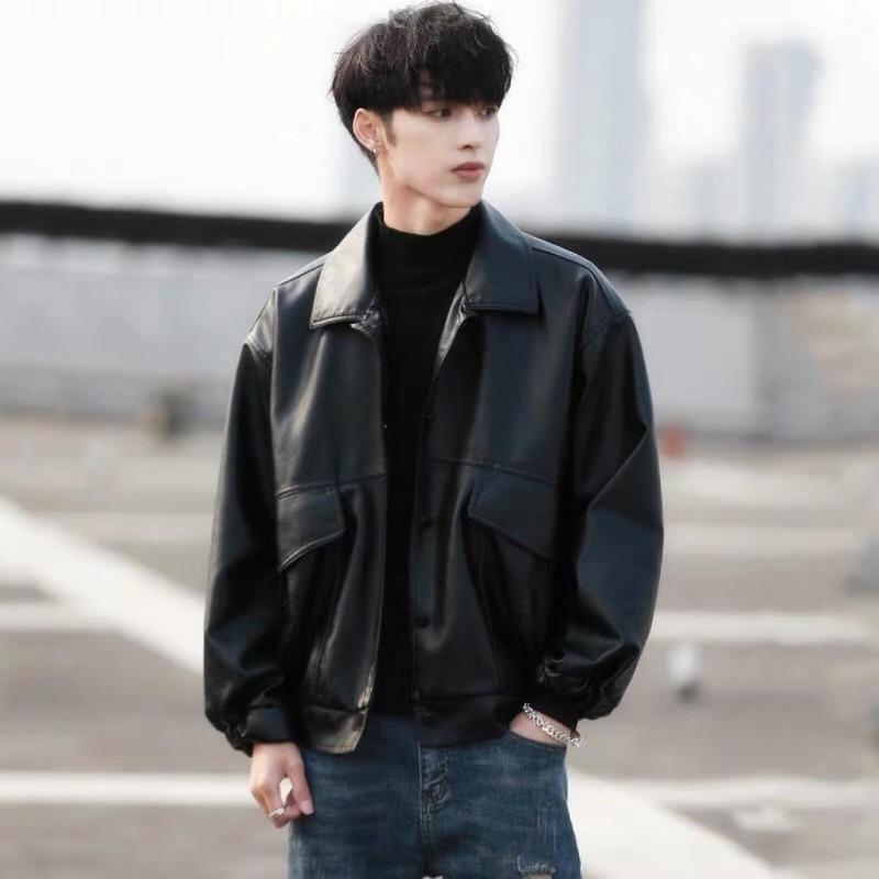 Trendy and Handsome Loose PU Leather Jacket Men's Motorcycle Suit Pilot Leather Jacket Student Spring and Autumn Jacket
