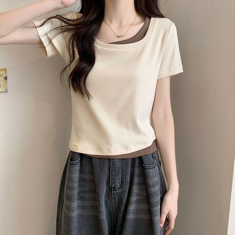 Women's Plus Size Square Neck Short Sleeve Two-Piece Look Cropped Top - Summer Slimming Chic Style