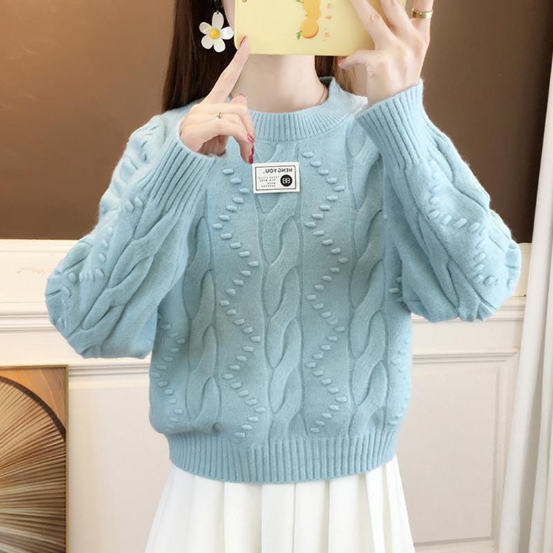 Women's Crew Neck Sweater Autumn and Winter Warm Cable Knit Sweater Loose Thick Knit Pullover Sweater
