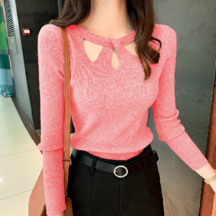 Women's O Neck Stretch Sexy Pullover Lady Autumn Winter Hollow Solid Color Sweater Slim Bottoming Shirt Jumper