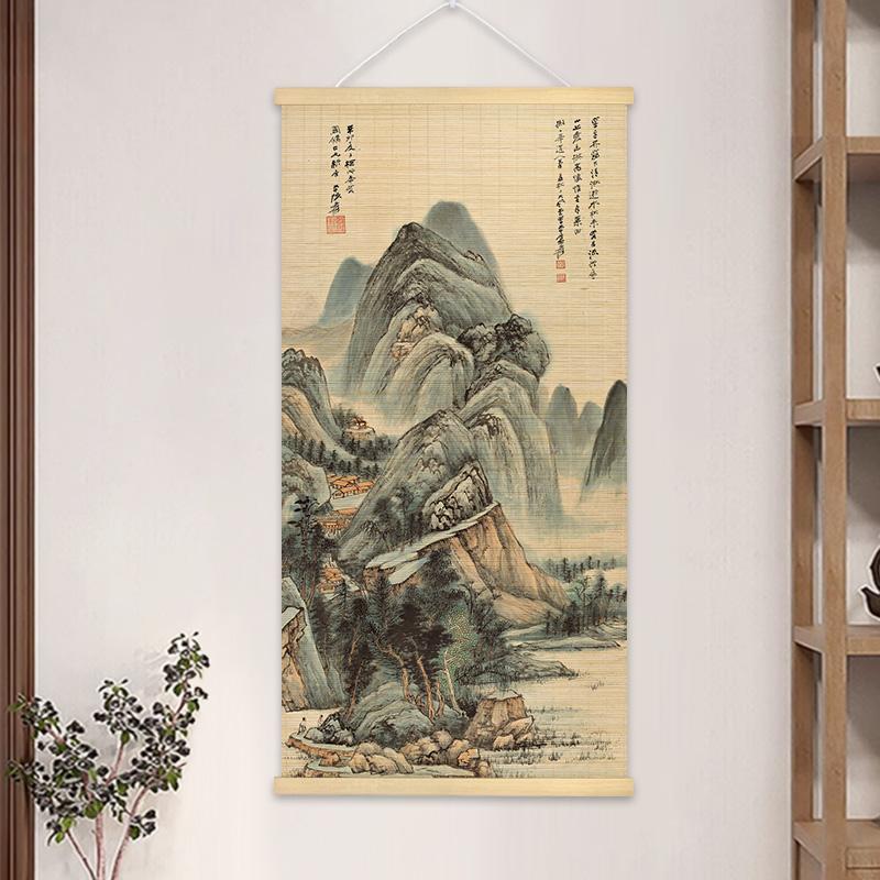 1pc Chinese Style Printed Bamboo Curtain Painting Decorative Scroll Painting Homestay Bamboo Weaving Painting Home Decoration