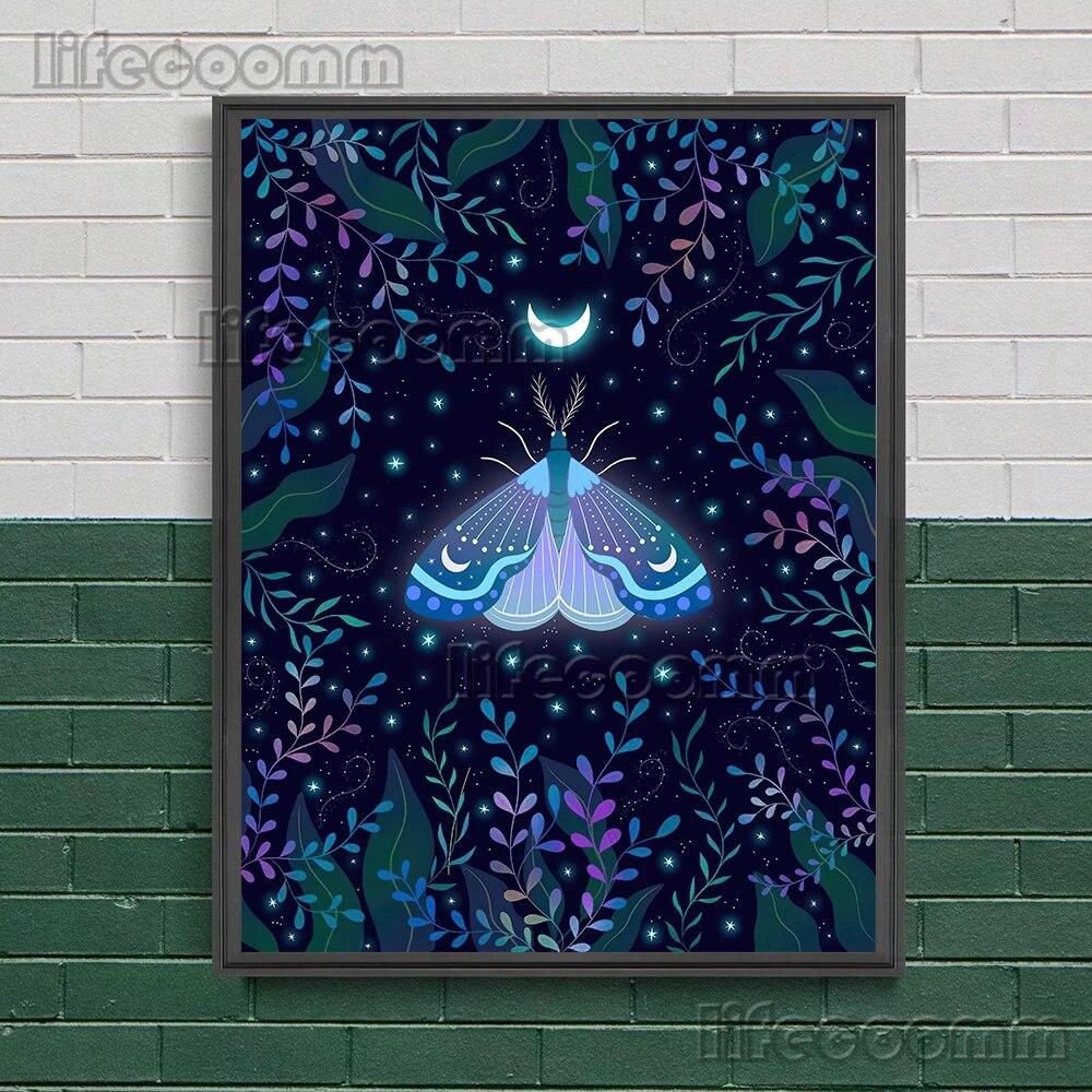 2023 księżycowa faza księżyca i magiczna ćma obraz ścienny na płótnie wąż, roślina, księżyc, elementy czarów plakat artystyczny dekoracja z nadrukiem bez ramki