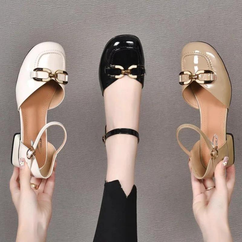 Fashion Block Heel Ladies Footwear Cute Metal Decoration Women's Shoes Chunky Heels Luxury Leather Casual Low Elegant Round Toe Kawaii E