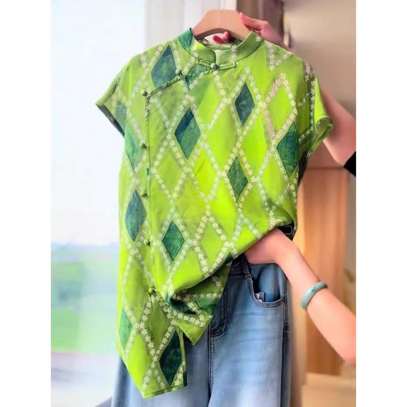Chinese Style Green Geometric Tang Suit Women s Short-Sleeve Tunic M зелёный
