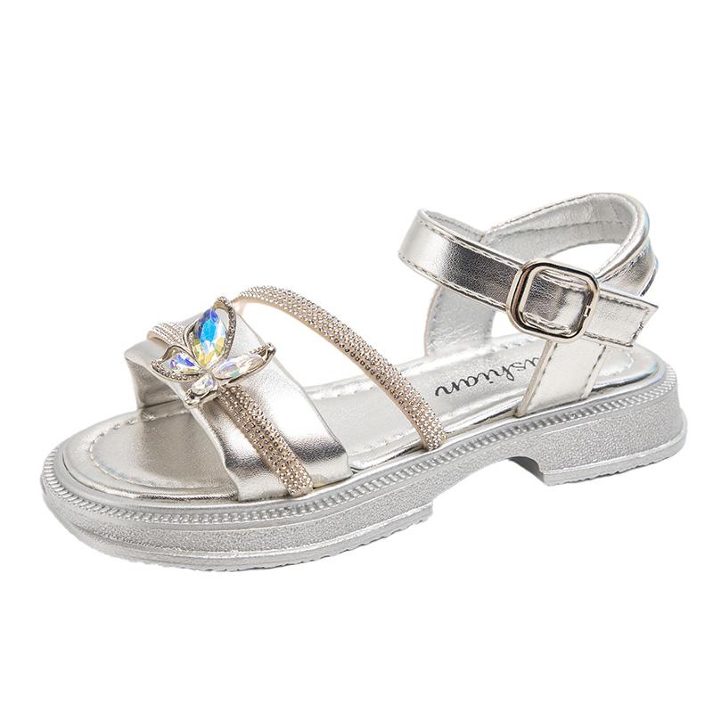 Dívčí princeznovské sandály s motýlím uzlem, dětské sandály s kamínky, letní módní dětské funkční boty, protiskluzové, 2024