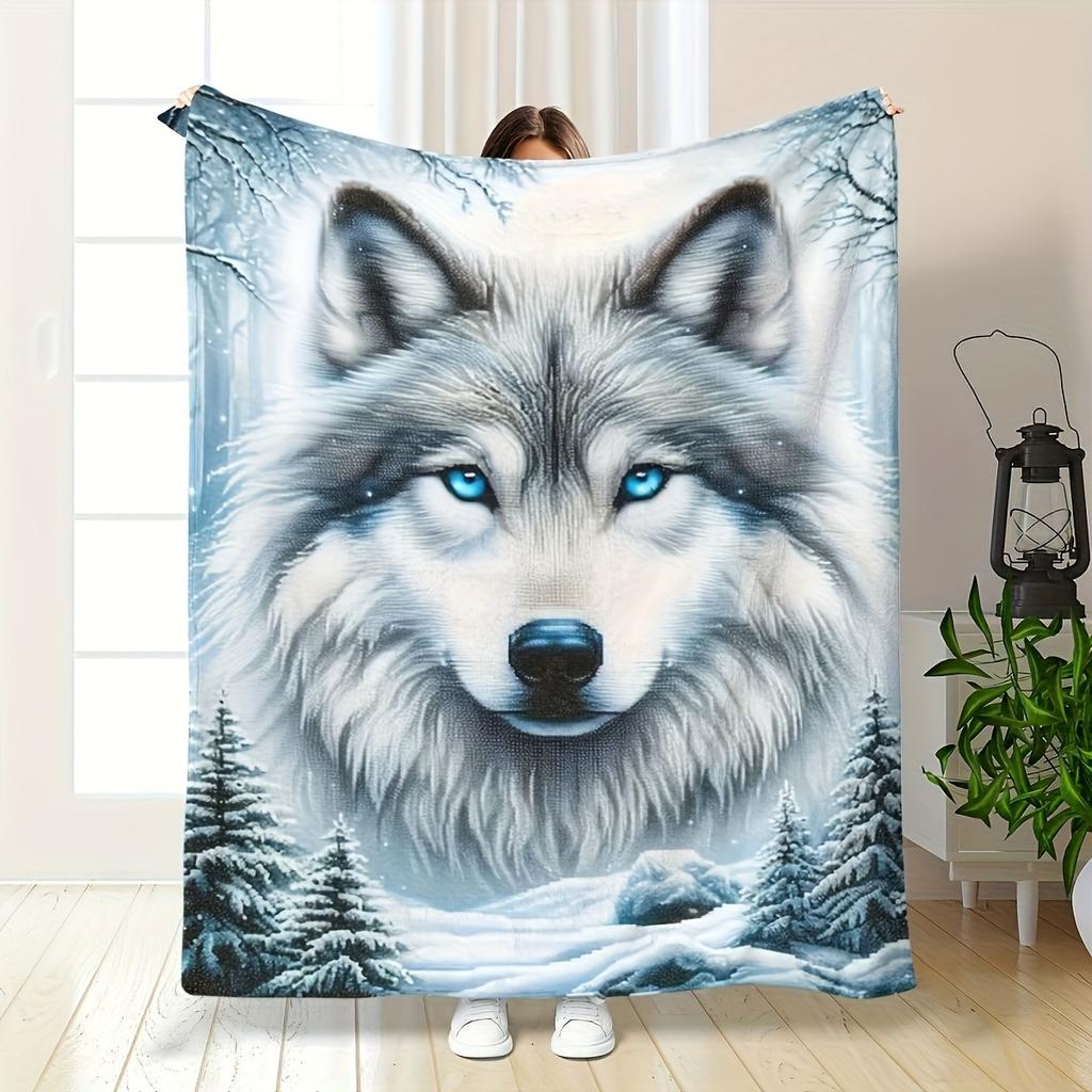 Aesthetic Wolf Portrait Throw Blanket Winter Forest Snow Fleece Throw Cozy Decor for Home Gift Idea Pet Lover Seasonal Warm