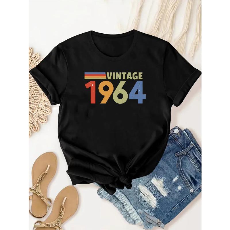 European sizes Vintage Chic Tee for Women - Casual Athletic T-Shirt - Round Neck, Machine Washable, All-Season, 1964 Letter Print Polyester