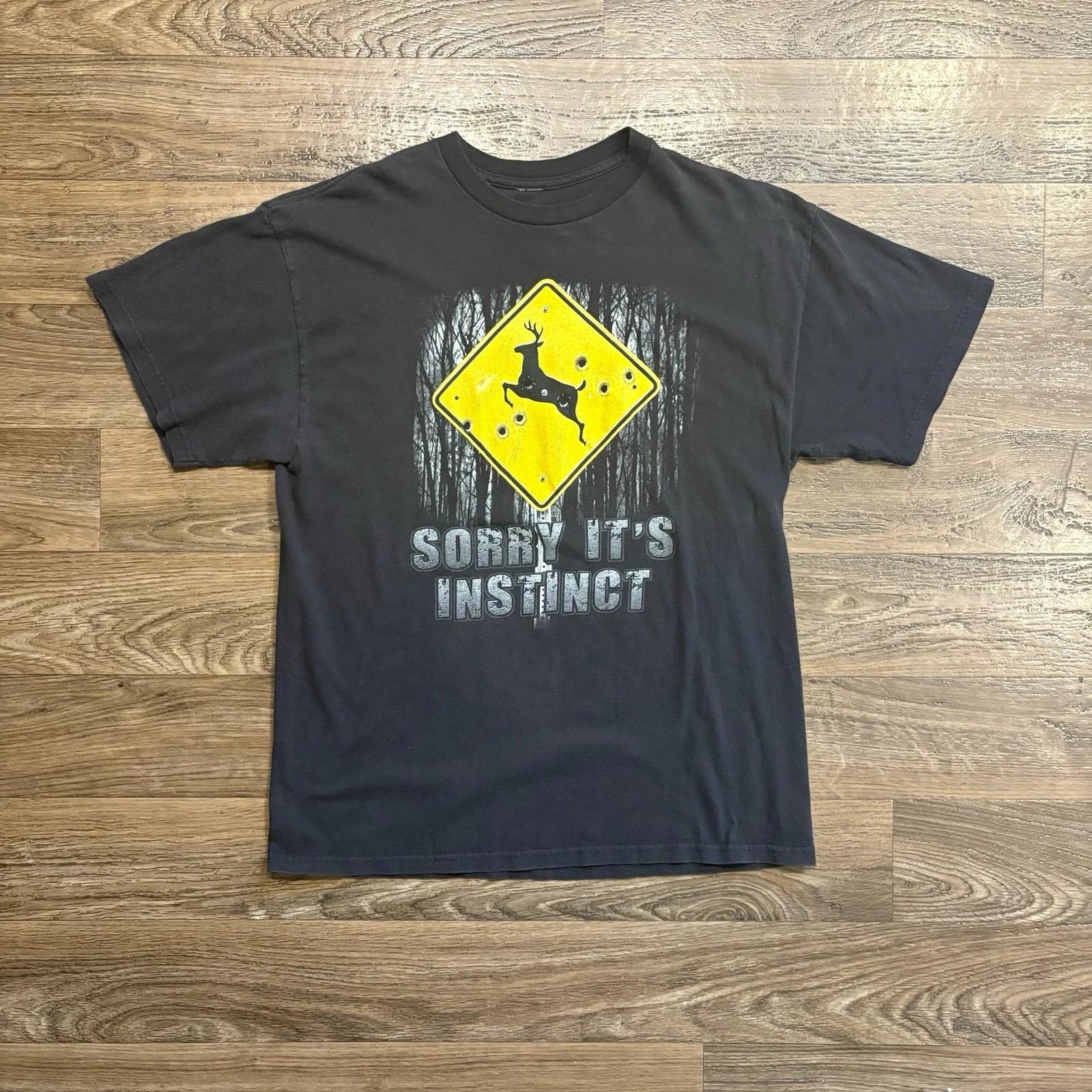 

Y2K/Vintage 2000s Funny Deer Road Sign Sorry it s Instinct Black T Shirt Large 2XL
