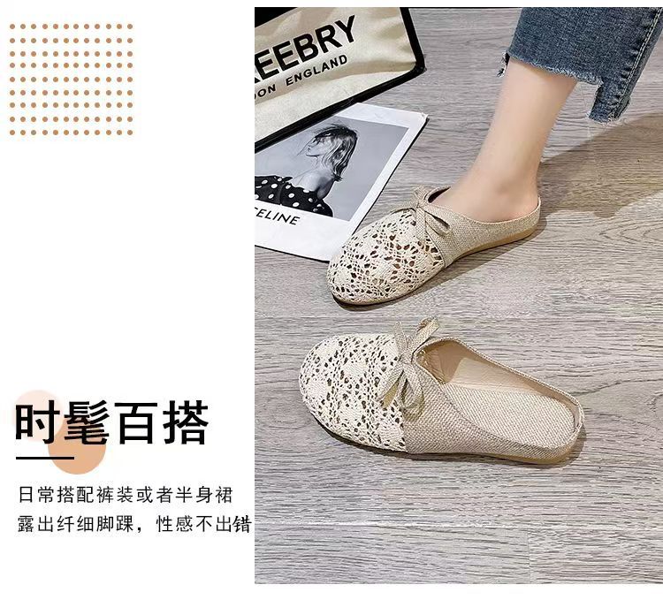 Hausschuhe Damen 2025 neu Sommer vielseitig Oberbekleidung Mesh atmungsaktiv rutschfest Leinen Baumwolle Tasche Kopf halbe Hausschuhe Sandalen Damen