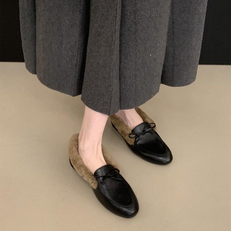 Plush flat-soled fluffy shoes cotton shoes women s autumn and winter new warm commuting one-pedal loafers 40 чёрный