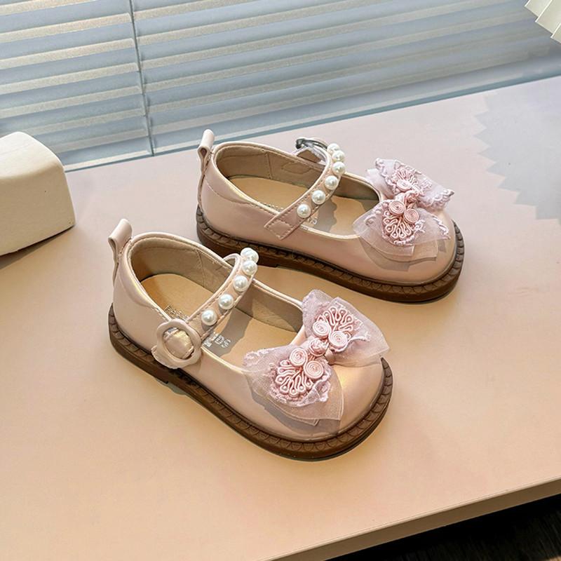 Girls Leather Shoes for Party Wedding Kids Fashion Pearls Sweet Princess Shoes with Mesh Bow-knot Children Mary Janes Shoes