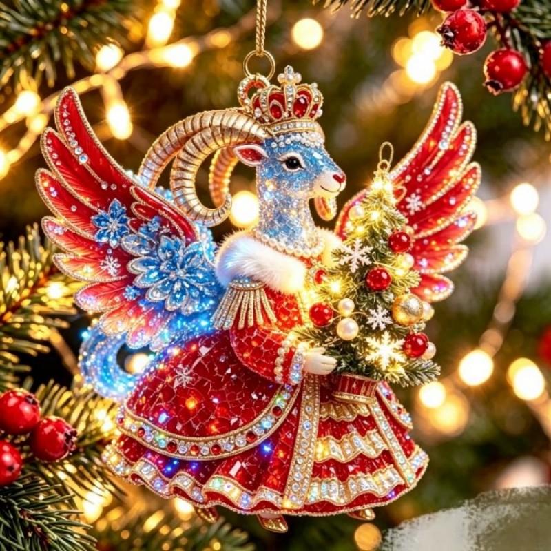 2D Flat Acrylic Hanging Ornament Red Gold Winged Goat Acrylic Pendant Christmas Tree Decoration Lunar New Year Holiday Gift