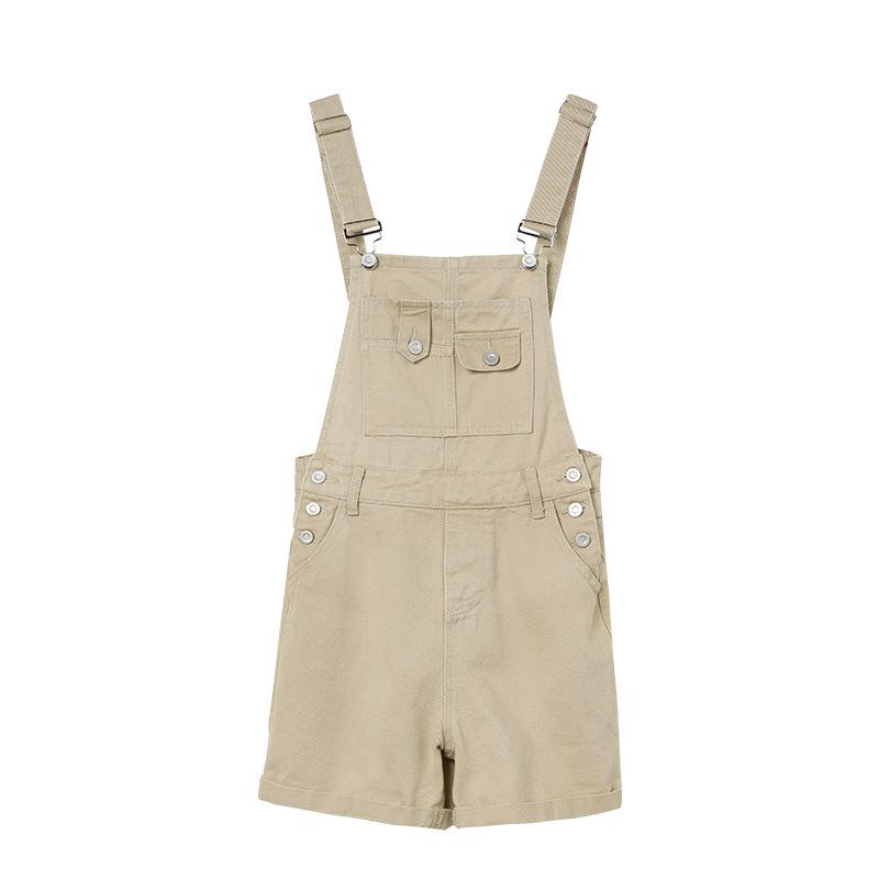 Women's High-Waist Denim Overall Shorts - Casual American Style, Loose Fit, Cuffed Wide Leg Jumpsuit