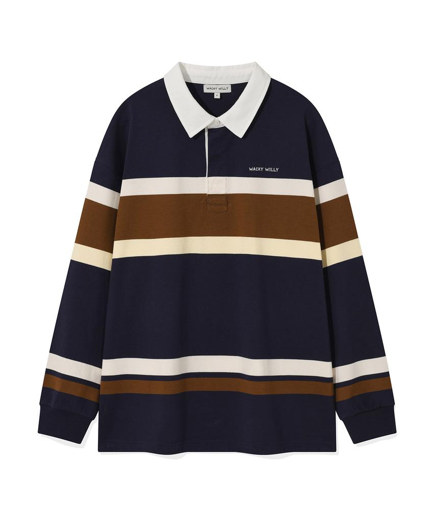 WACKY WILLY Women'S Striped Collared Long Sleeve Navy