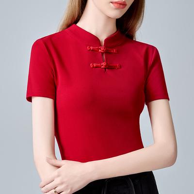 New Chinese Stand-up Collar Short-sleeved T-shirt for Women In Summer New Women's Retro T-button Chinese Style T-shirt Chic Top