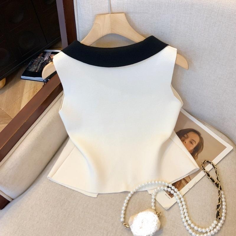 Women's V-Neck Color Block Vest Sleeveless Knit Cardigan with Gold Buttons Fashion Layering Top