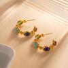18K Gold-Plated Stainless Steel C-Shaped Earrings with Natural Stone - Fashionable and Versatile.