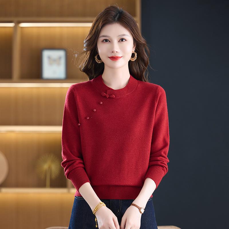 Autumn Winter Chinese Retro Cheongsam Collar Thick Knit Sweater – Fashionable Women's Pullover