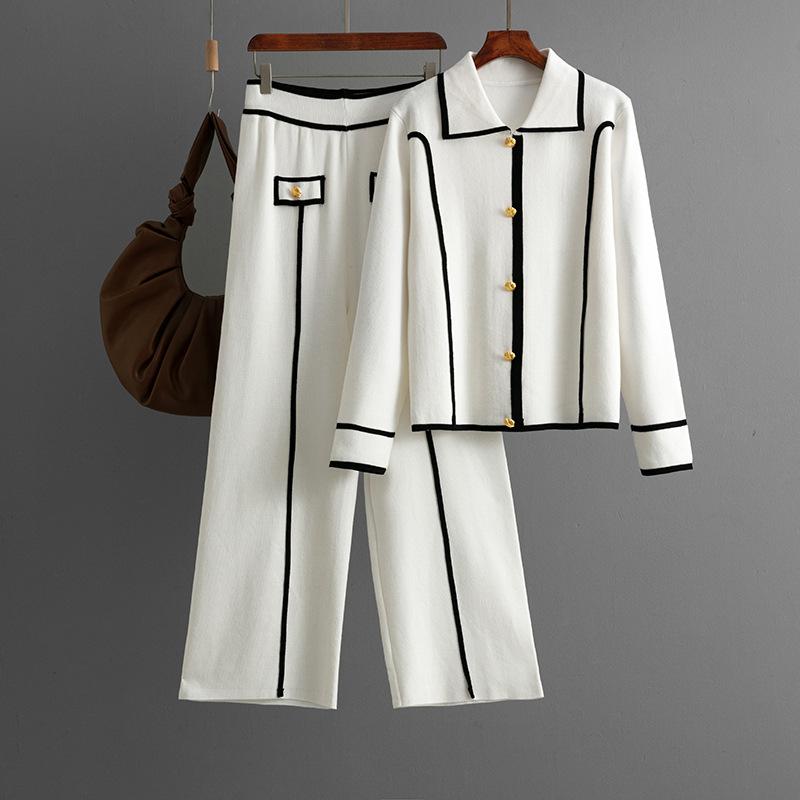 Autumn Winter Knitted Fashion Set Women's Casual Polo Collar Sweater Wide Leg Pants Two Piece Set