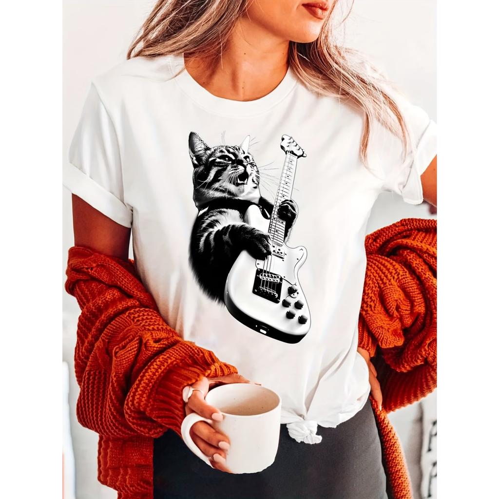 Women's Funny Cat Playing Guitar T-Shirt - Cute Kitten & Guitar Print Short Sleeve Crew Neck Top