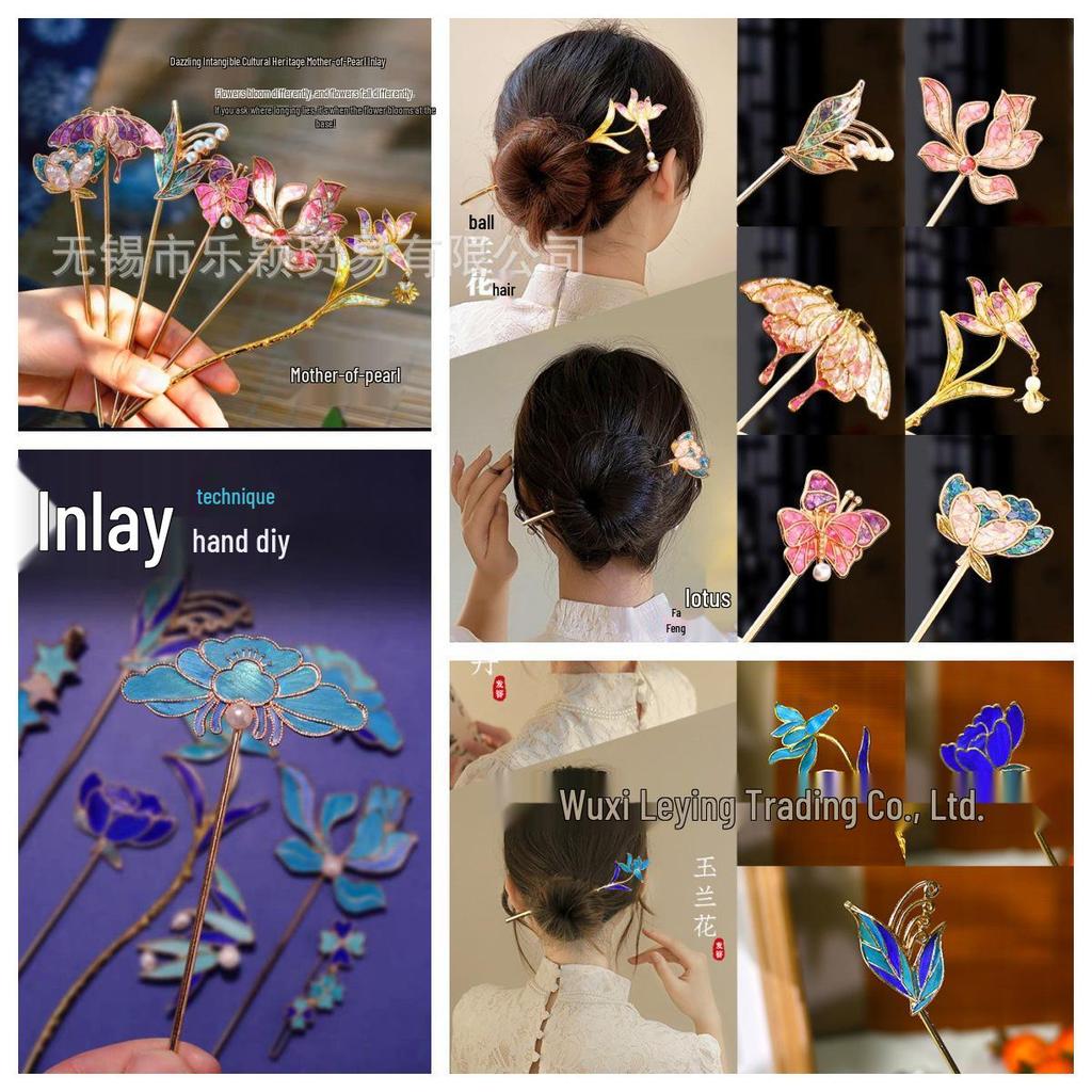 DIY Handmade Kingfisher Feather & Mother-of-Pearl Hairpin Kit with Cloisonné Enamel Zither Base & Butterfly Design - Free Shipping