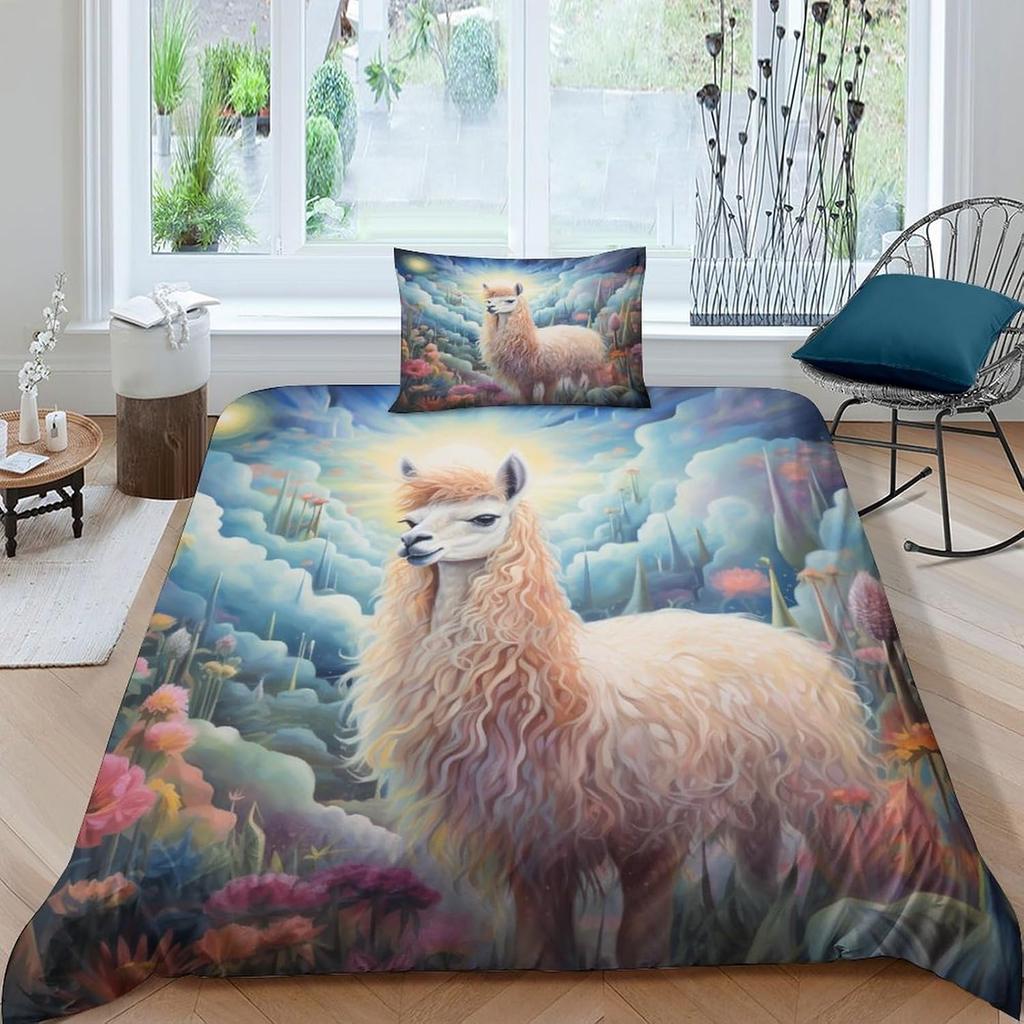 Alpaca 3D Printed Cloud Animal Duvet Cover Queen Size Cotton Comforter Bedding Set 3 Pcs With Pillowcases For Kids And Adults