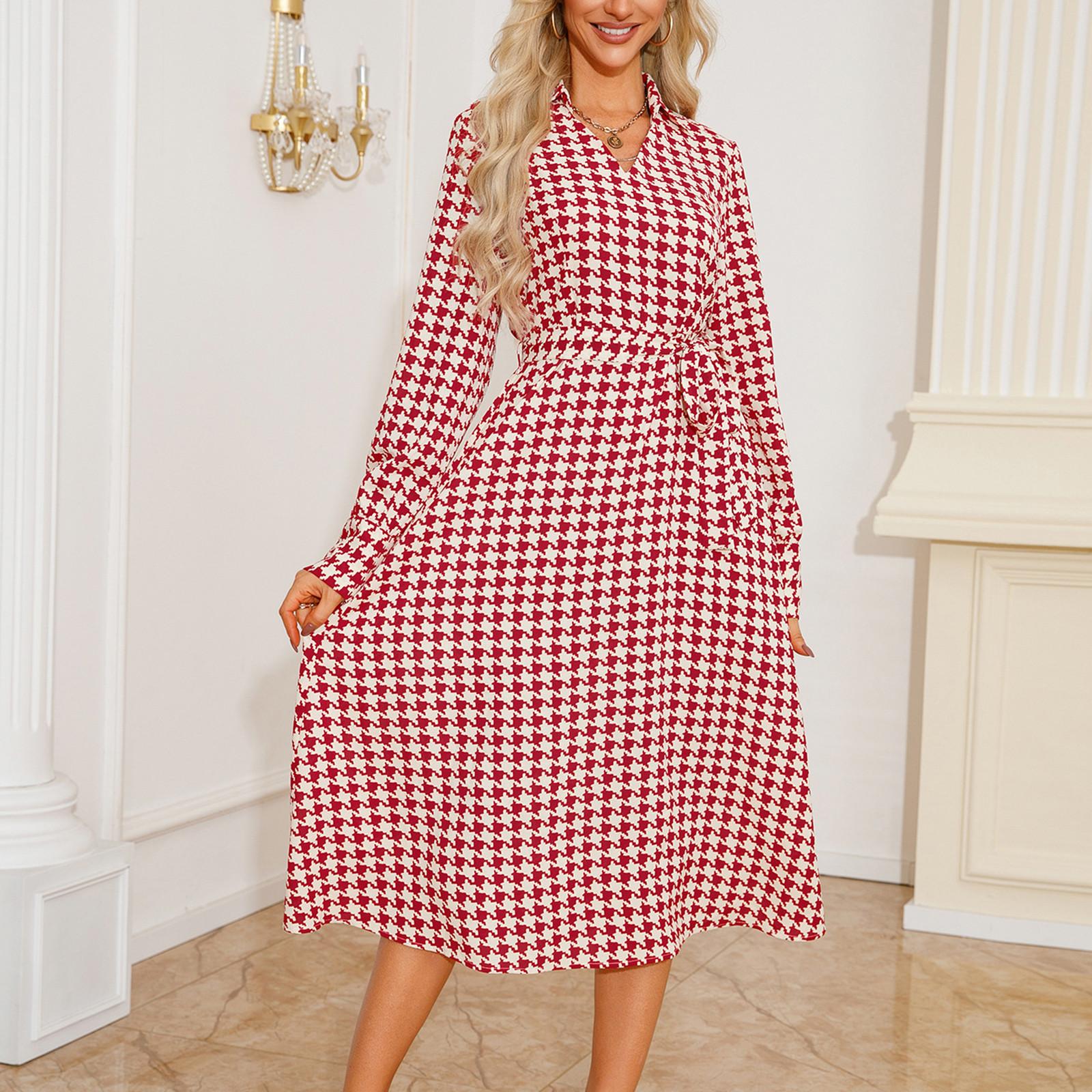 

Женская мода V-образный вырез Thousand Bird Check Printed Shirt Slim Dresses S красный