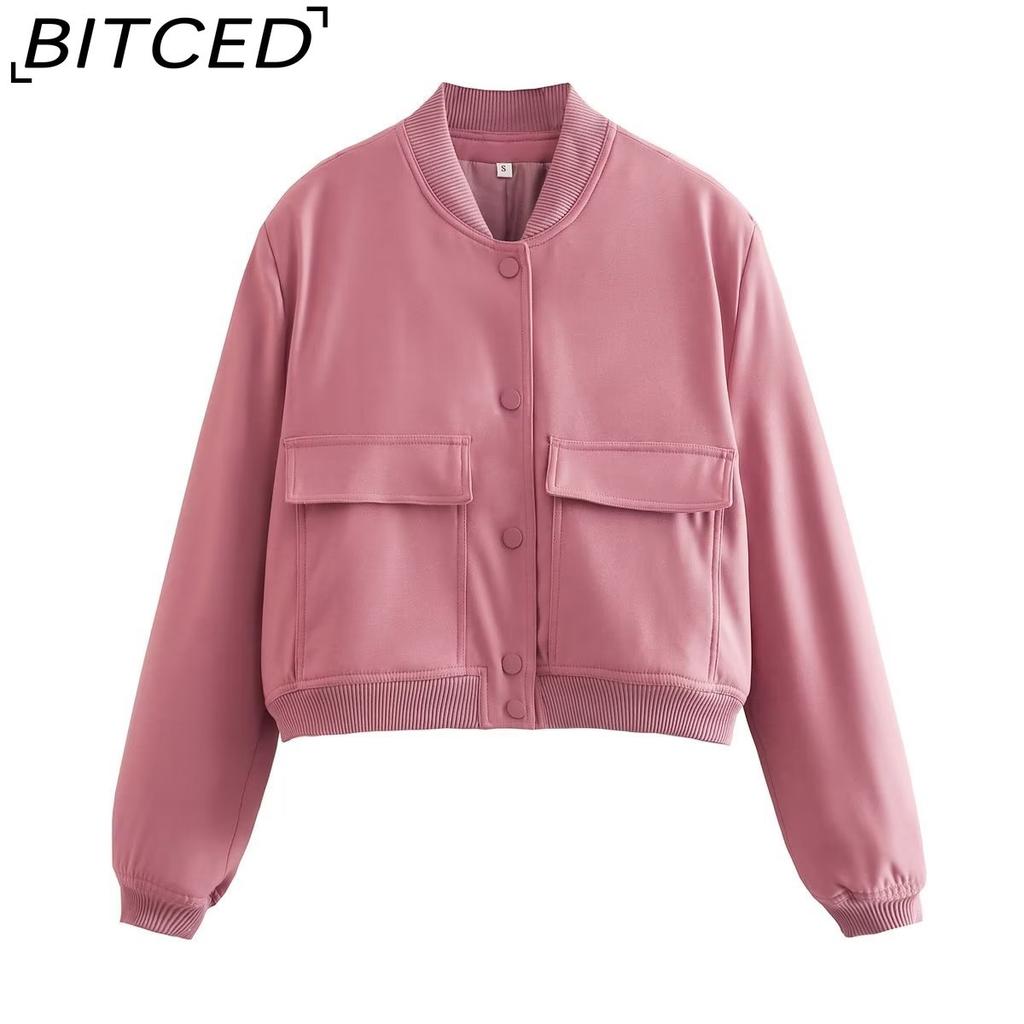 BITCED Spring Women's Oversized Pocket Jacket with Stand Collar