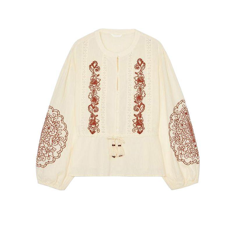 Summer New Product Women's Clothes French Vintage Style Loose with Accessories Embroidered Crew Neck Long Sleeves Shirt 7200039