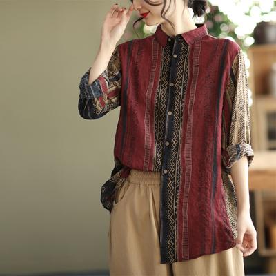 Spring and Summer Striped Printed Shirt Women's Long-sleeved Retro Literary All-match Casual Thin Lapel Shirt
