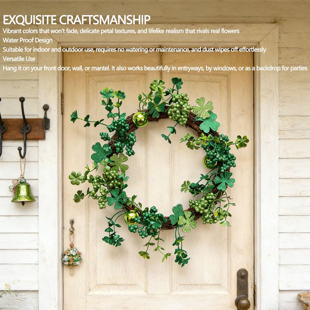 St Patricks Day Wreath for Front Door 15.7 Inch Artificial Clover Lucky Shamrock Wreath for Spring Summer Party Decor