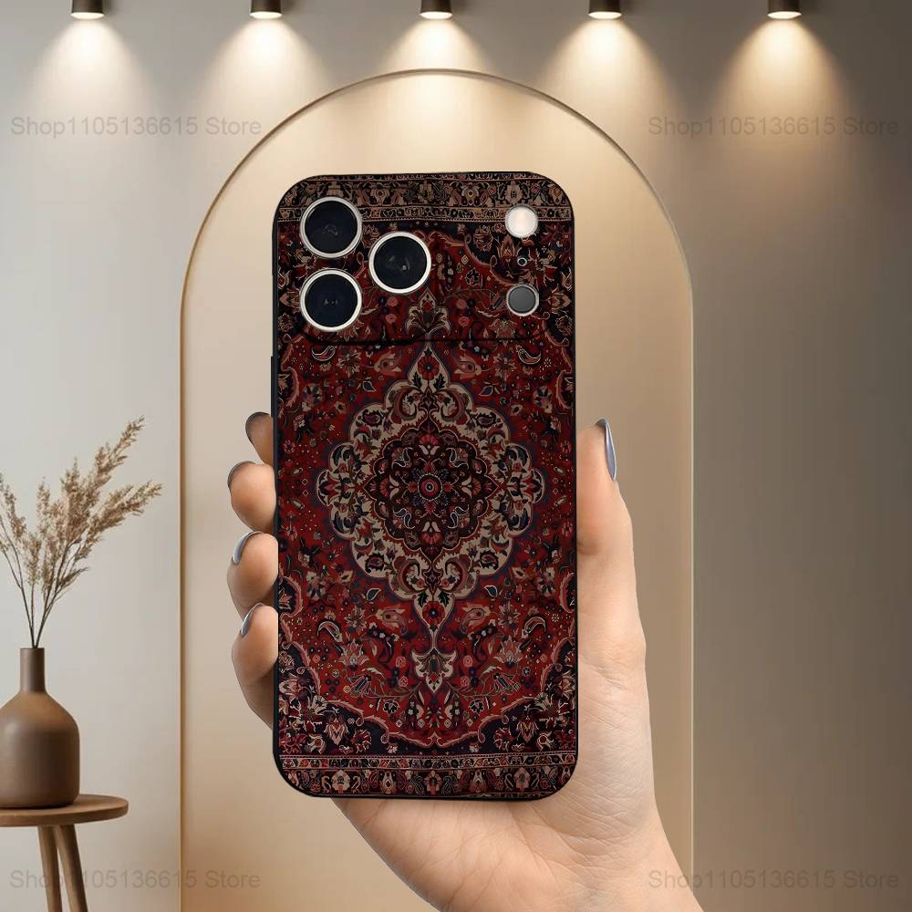 Persian Carpet Floral Pattern Case For iPhone 15,17,16,12,14,13,11,Plus,Pro Max,XS,X,Mini,8,7,XR,SE,Soft Silicone Black