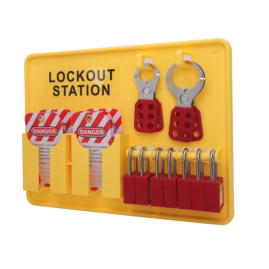 Lockout Tagout Station Kit PC PA Wall Mount Industrial Safety Lock Board Set with 10 Tags 2 Hasp Lock Yellow