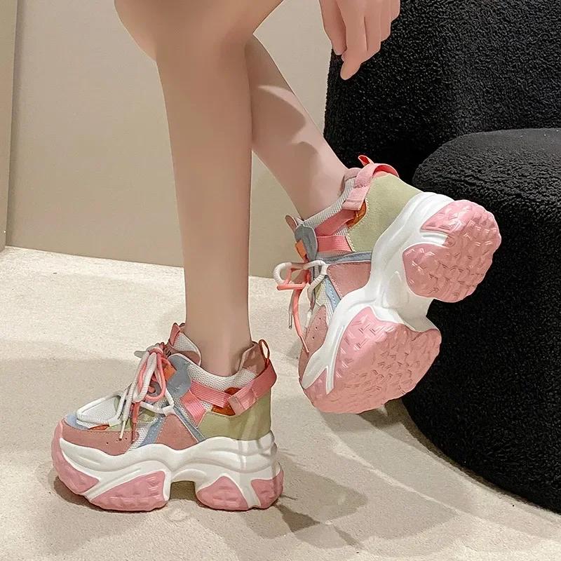Fashion 11CM Women Mesh Chunky Sneakers 2024 Autumn High Platform Shoes Ladies New Wedges Casual Shoes Woman Sports Dad Leather Sneakers