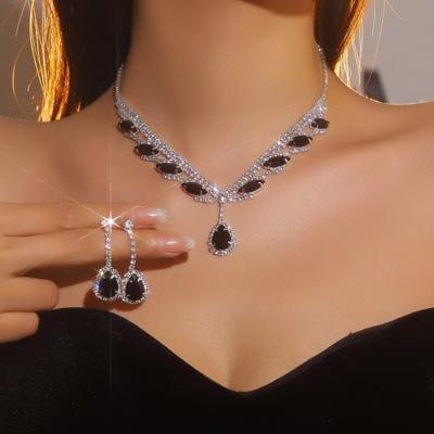 Set di orecchini e collana neri super belli con diamanti scintillanti di lusso, gioielli da sposa, orecchini pendenti a goccia