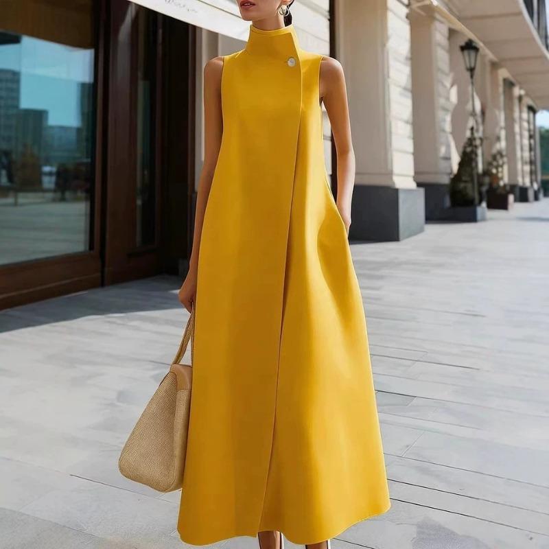Women Elegant Sleeveless Midi Dress High Mock Neck Button Decor A Line Long Dress Loose Solid Color Vest with Pocket Office Business Formal Daily Wear