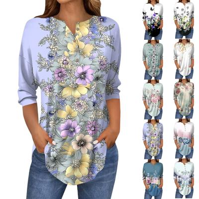 Cămașă de tricou cu mânecă trei sferturi, cu guler cu nasturi, cu imprimeu floral vintage