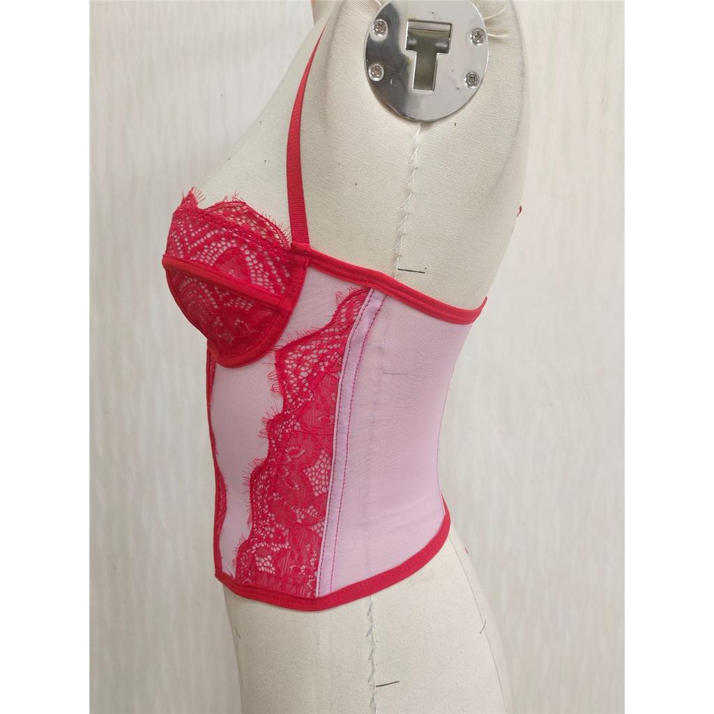 Damen Durchsichtiges Spitzenkorsett Cami-Oberteil, Spaghettiträger Bustier, Fischgräten Schlankmachendes Trägerloses Schlauchoberteil